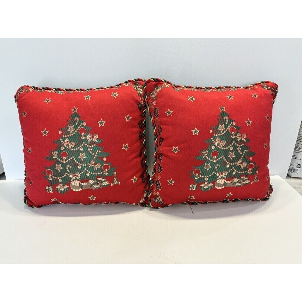 VTG Riverdale Decorative Throw Pillow Christmas Trees Red Braided Set of 2